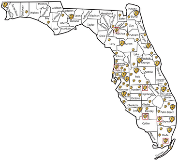 Map of Florida with all of our locations pointed out using mini logos
